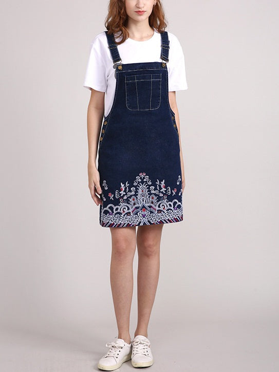 Zeline Plus Size Oriental Embroidery Denim Suspender Dress