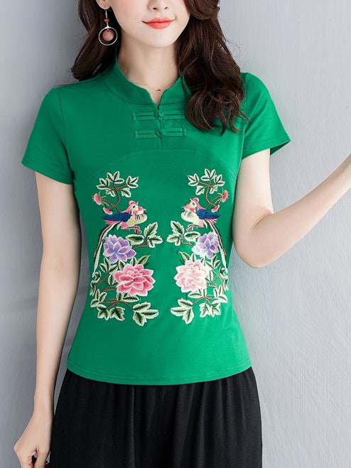 Tine Plus Size Cheongsam Qipao Top - Chinese Birds And Flowers Embroidery V Neck Wrap Neck Short Sleeve Top (Red, Black, White, Green) (Suitable For Chinese New Year)