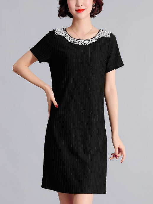 Roma Pearl Collar Stripe S/S Dress