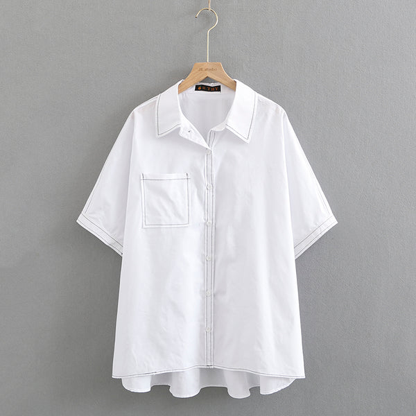 Plus Size White Obvious Stitch Short Sleeve Shirt Blouse