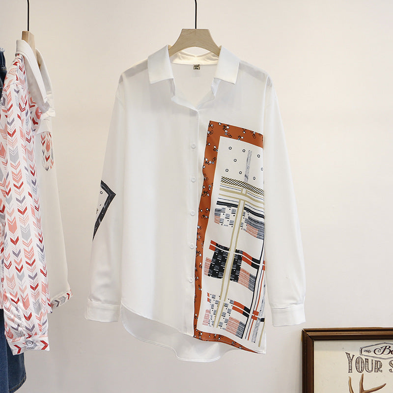 Yukia Plus Size White Asymmetric Scarf Print Long Sleeve Shirt Blouse