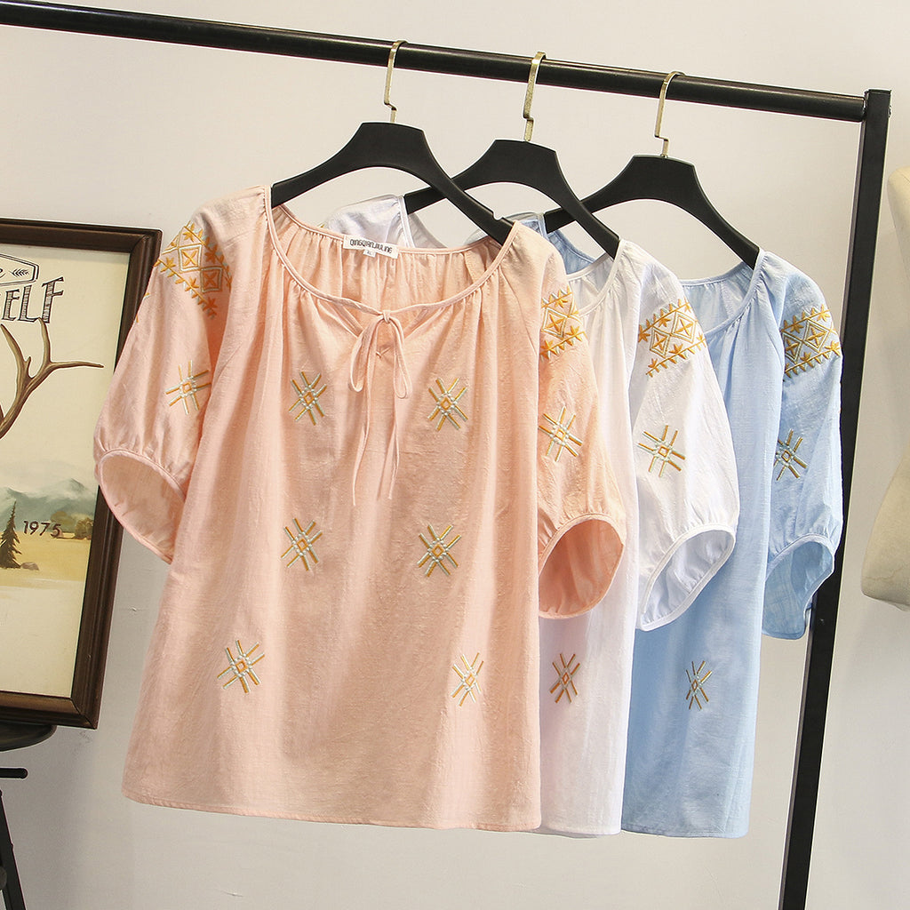 Keyona Plus Size Ethnic Embroidery Short Sleeve Blouse