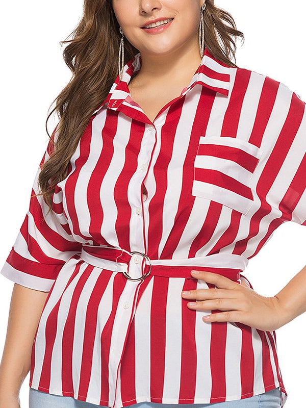 Wilhelmina Plus Size Stripes Red And White Belted Mid Sleeve Shirt Blouse (EXTRA BIG SIZE)