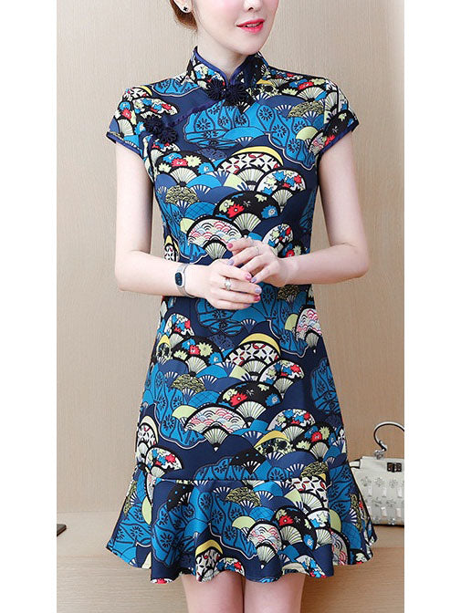 Tamana Plus Size Blue Japanese Fan Print Cute Cheongsam Qipao Casual Work Office Chinese New Year Mermaid Frill Hem Short Sleeve Dress