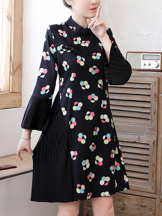 Tierza Plus Size Cheongsam Qipao Black Dots Pattern Modern Side Pleat Long Sleeve Dress