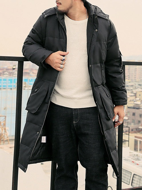 Men's Plus Size Hoody Long Length Padded Hoody Windbreaker Minimalist Simple Design Winter Jacket with Pockets (Black)