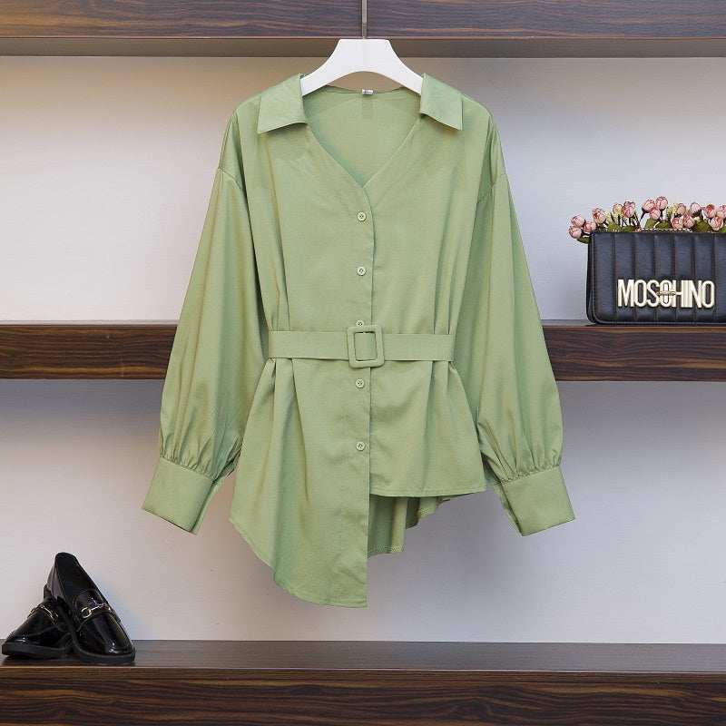 Shantell V Neck Buckle Belted L/S Shirt Blouse (Green, Black)