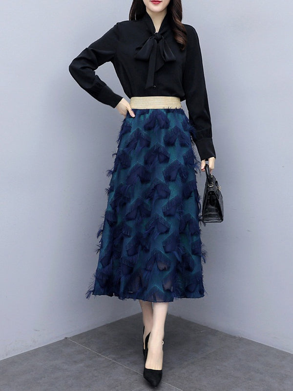 Yahaira Plus Size Black Pussybow Long Sleeve Shirt Blouse And Midi Skirt Set (Blue Hearts Skirt, Black Tulle Skirt)