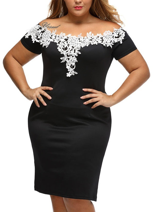 Soraida White Lace Off Shoulder Black Bodycon With Sleeves Short Sleev –  Pluspreorder