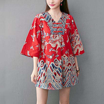 Plus Size Oriental Mini Dress / Tunic Mid Sleeve Top
