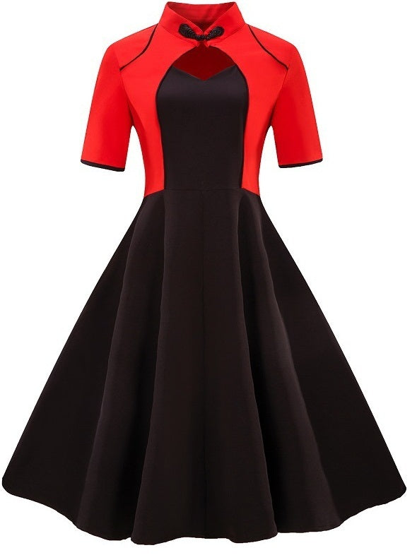 Michiko Keyhole With Sleeve Swing Plus Size Cheongsam Qipao Dress (Black, Red)