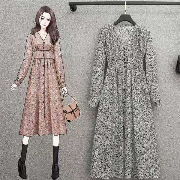 Plus Size Vintage Ditsy Floral Buttons Long Sleeve Midi Dress