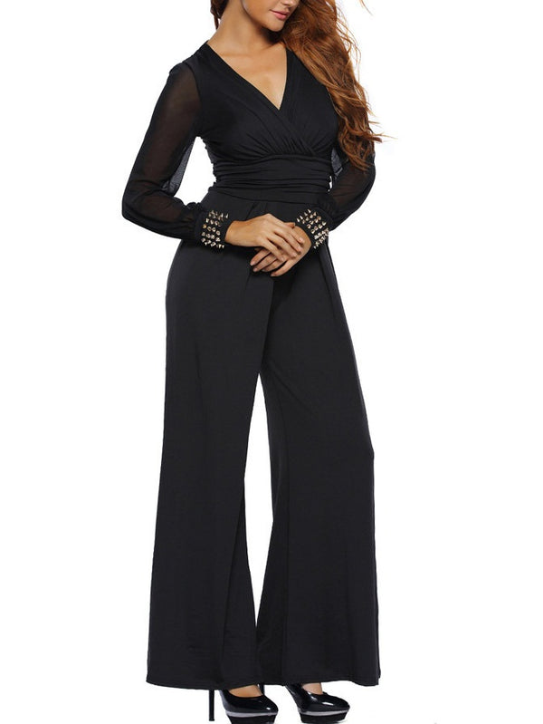Sorana Plus Size Dinner Occasion Prom Formal Wedding Studded V Neck Jumpsuit Romper (Red, Black, Blue)