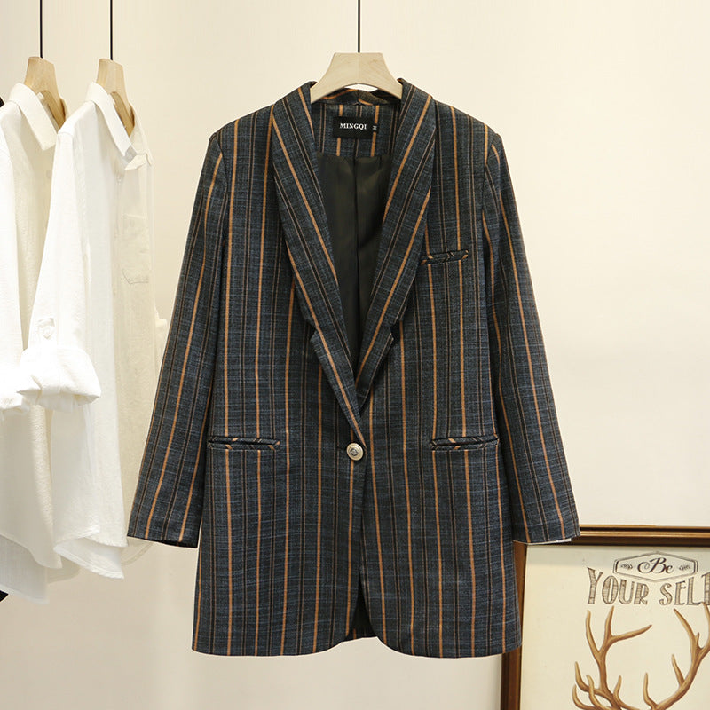 Yukiko Plus Size Brown Stripes Blazer Jacket