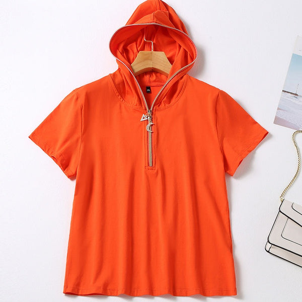 Emmanuella Plus Size Orange Charm Zipper Short Sleeve Blouse