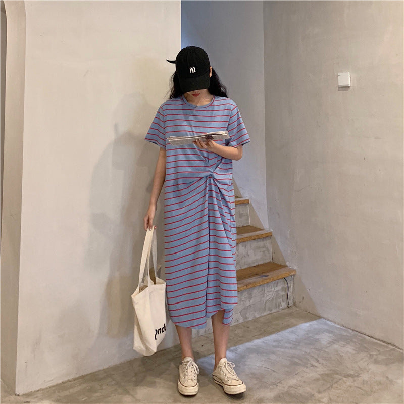 Kezeah Plus Size Blue Stripes Short Sleeve Midi T Shirt Dress