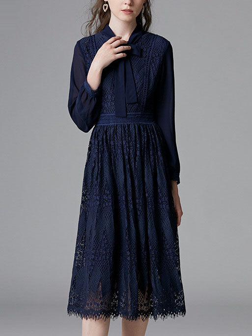 Shreya Blue Pussybow Eyelash Lace L/S Midi Shirt Dress