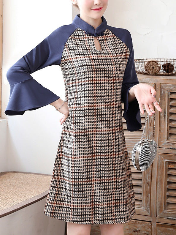 Tif Plus Size Cheongsam Qipao Brown Checks Bell Sleeve Mid Sleeve Dress