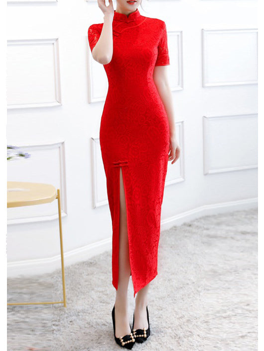 Megane (Bust 84-108CM) Bodycon Wedding Occasion Lace Fitting Maxi Plus Size Cheongsam Qipao Dress (A)