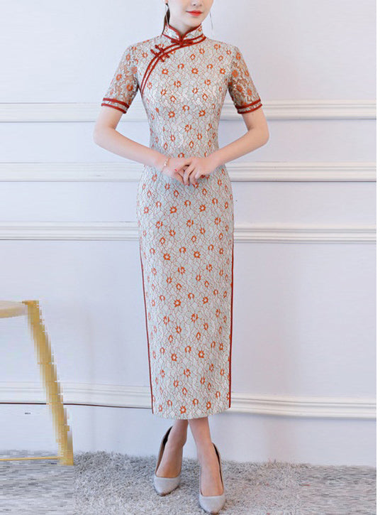 Megane (Bust 84-108CM) Lace Fitting Maxi Plus Size Bodycon Wedding Occasion Cheongsam Qipao Dress (D)