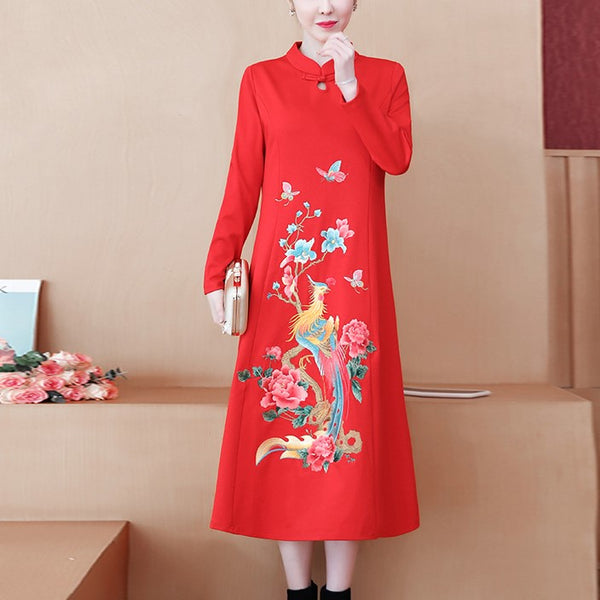 Plus Size Oriental Embroidered Cheongsam Long Sleeve Midi Dress