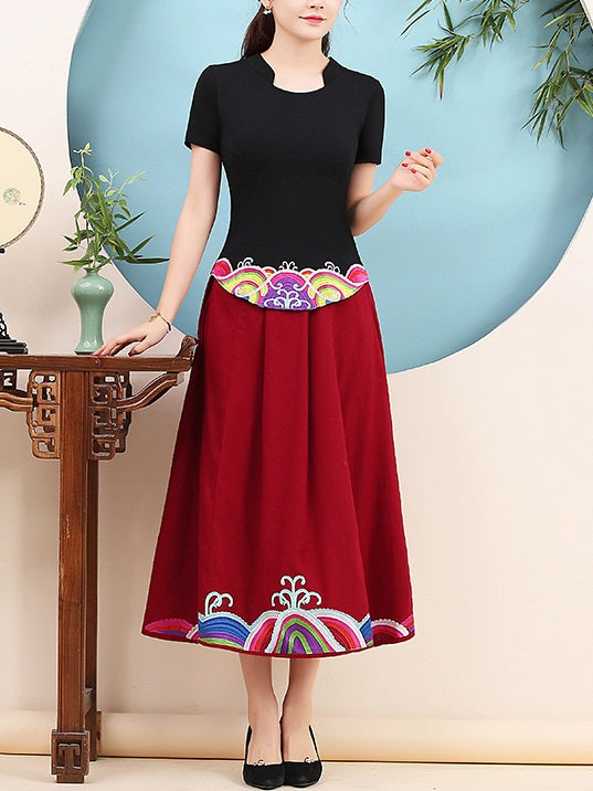 Tinley Plus Size Chinese Ethnic Embroidery V Neck Short Sleeve Top (Red, Black, White) (Suitable For Chinese New Year)