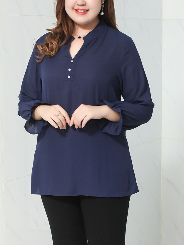Vanja Plus Size Buttons V Neck Long Sleeve Blouse (Blue Print, Black, Blue)