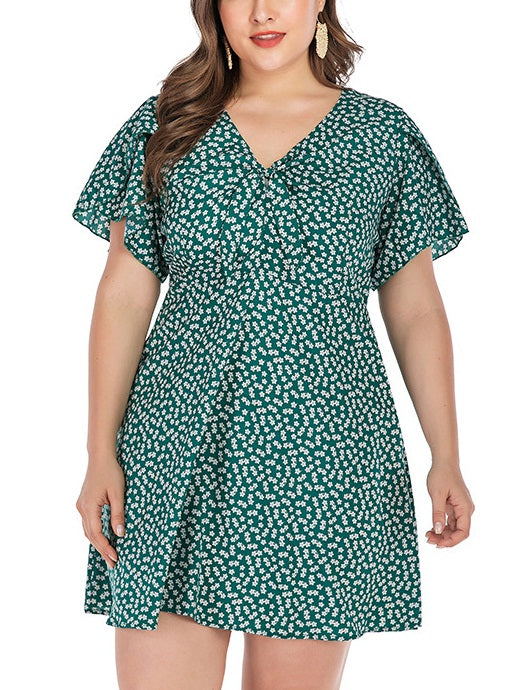 Willa Plus Size Green Floral Print Petal Sleeve Bow Tie V Neck Swing Short Sleeve Dress
