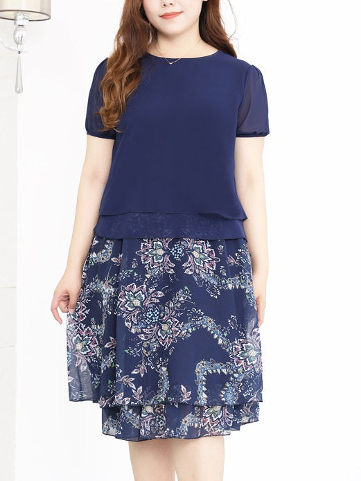 Keena Plus Size Blue Chiffon Blouse And Print Skirt Set