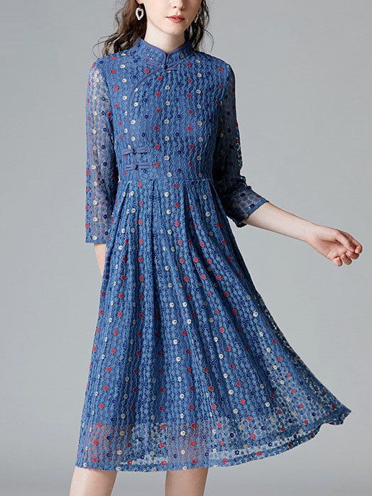 Shrijani Blue Lace Pleat Qipao Cheongsam Mid Sleeve Dress