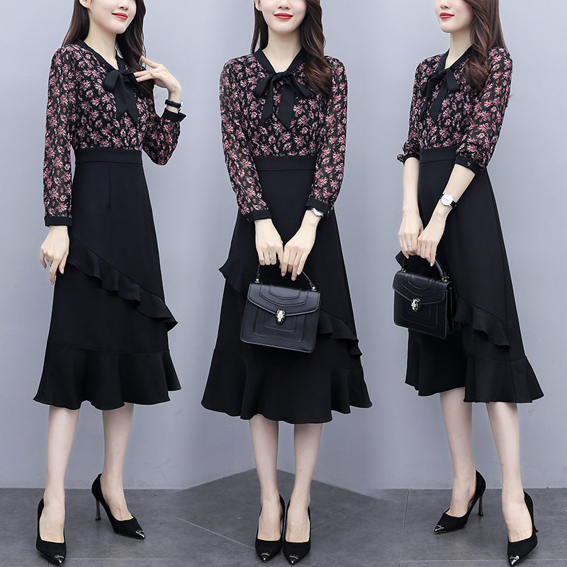 Kinlee Plus Size Floral Work Long Sleeve Midi Dress