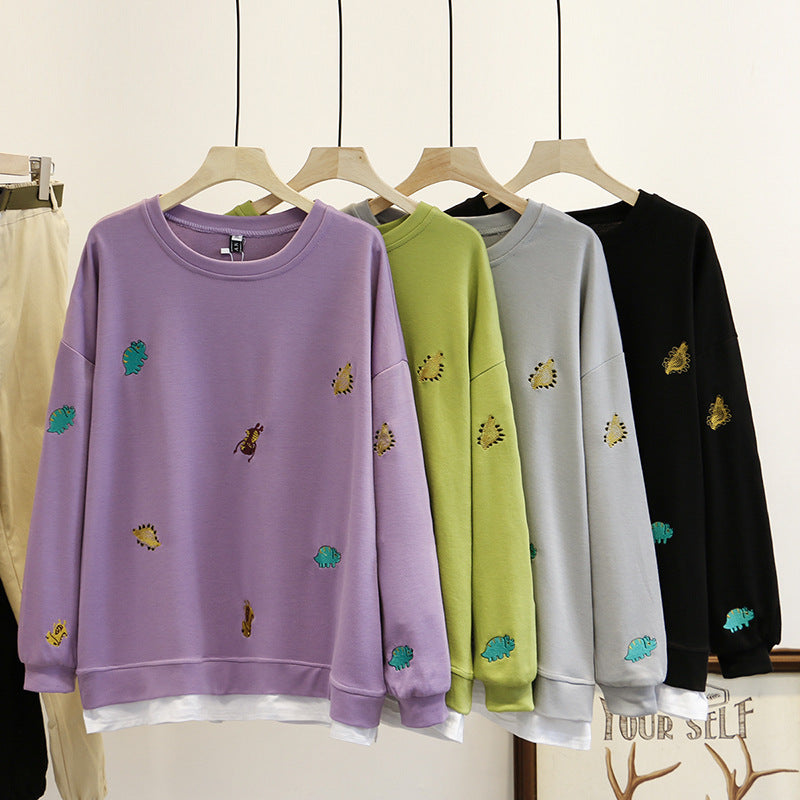Yuko Plus Size Dinosaurs Embroidery Patch Layer Drop Shoulder Sweater Long Sleeve Top (Purple, Black, Green, Grey)