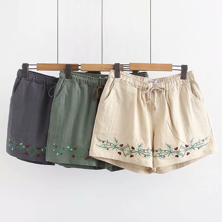 Zanta Plus Size Cotton Ethnic Embroidery Shorts (Beige, Green, Grey)