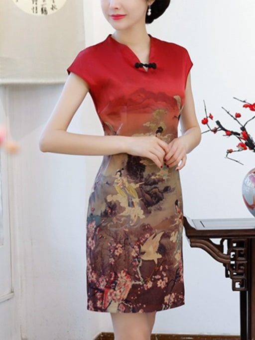 Teegan Plus Size Cheongsam Oriental Chinese Print V Neck Short Sleeve Dress (Suitable For Chinese New Year, Office)(Red Painting, Turquoise-Blue Painting, Purple-Blue Painting, Orange Floral, Blue Floral)