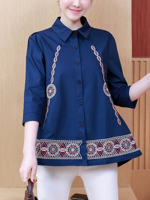 Zahava Plus Size Embroidery Loose A Line Embroidery Mid 3/4 Sleeve Shirt Blouse (Khaki, Blue)