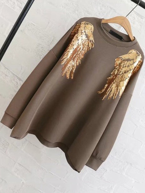 Suze Plus Size Gold Sequins Wings Autumn Winter Long Sleeve Sweater Top (Brown Fleece, Black Normal, Black Fleece)