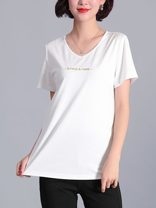 Romana Embroidery Words V Neck S/S Tee Shirt (Black, White)