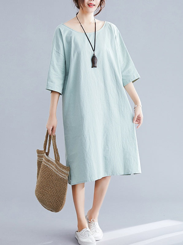 Reegan Twist Back Slit Cotton Linen S/S Midi Dress (Green, Black)