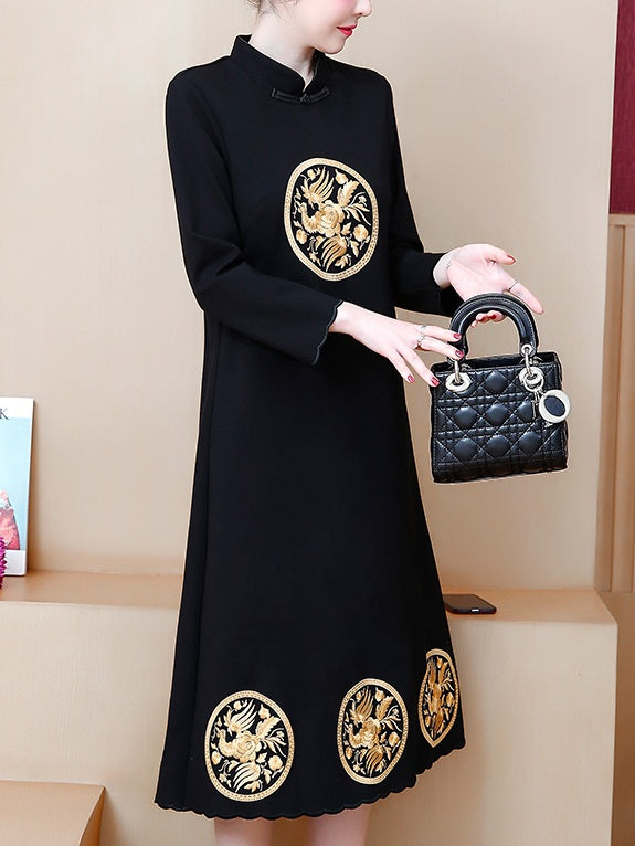 Black long sleeve clearance dress with gold embroidery
