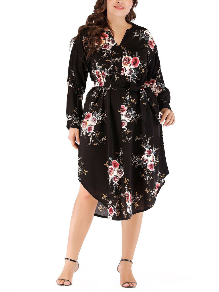 Willa-Jo Plus Size V Neck Floral Waist Tie Long Sleeve Midi Dress (Red, Black) (EXTRA BIG SIZE)