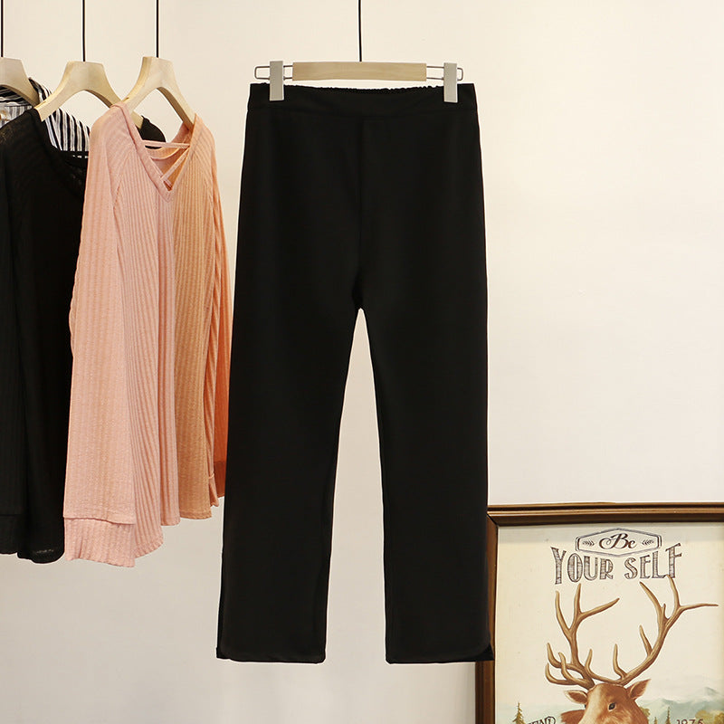 Yuliana Plus Size Black Slit Sides Slight Bell Legs Capri Pants