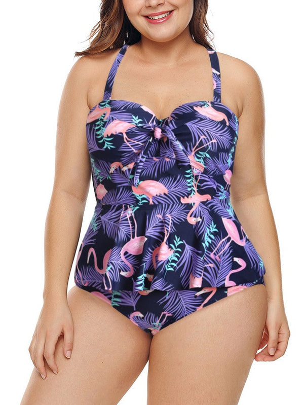 Selie Underwire Bust Bustier Purple Flamigo Print Peplum Tankini Top and Highwaist Underwear Two Piece Swimsuit Set