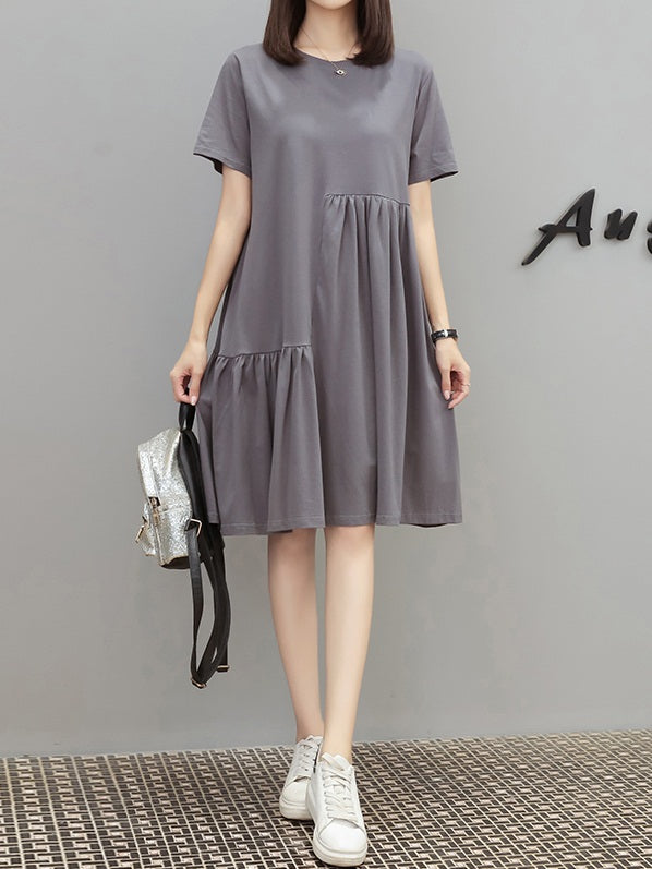 Vanna Plus Size Cotton Babydoll T Shirt Dress (Grey, Black)