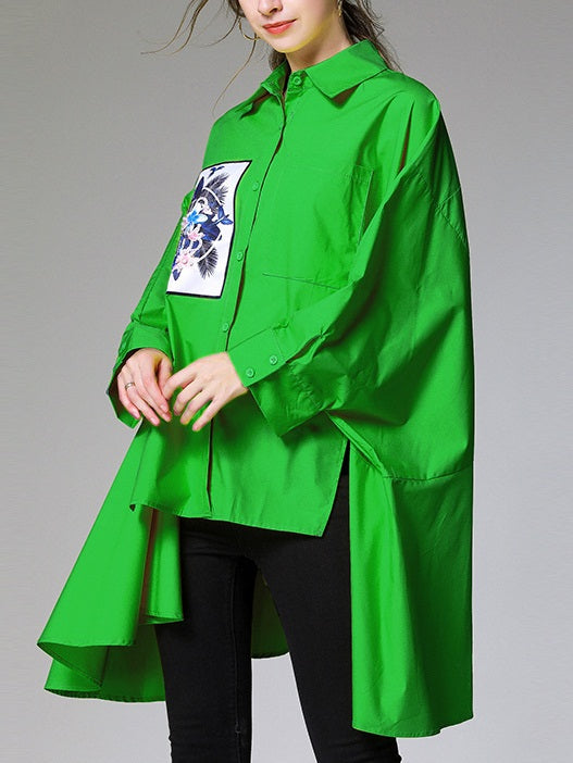 Wyatt Plus Size Graphic Loose Longer Back Long Sleeve Shirt Blouse (Green, White, Black, Yellow, Blue)