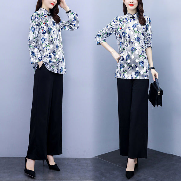 Kiernan Plus Size Cheongsam Long Sleeve Top And Wide Leg Pants Set (Muslimah Friendly)
