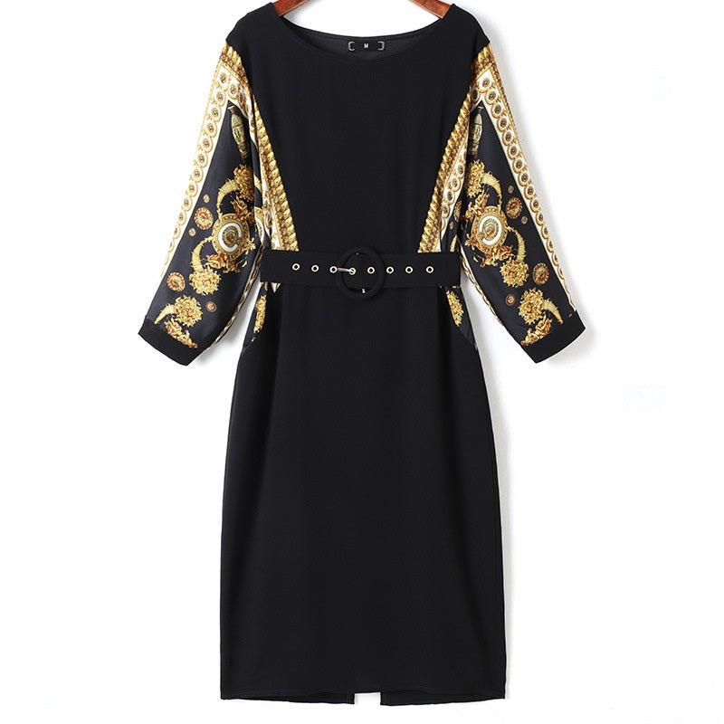 Kristija Plus Size Gold Print Boatbeck Belted Mid Sleeve Dress