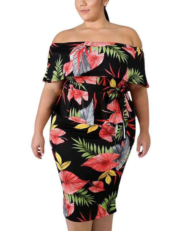 Tanayah Plus Size Peplum Tropical Print Off Shoulder Slit Back Short Sleeve Dress (Suitable For Party, Chinese New Year, Weddings, Weekends) (EXTRA BIG SIZE) (Black)