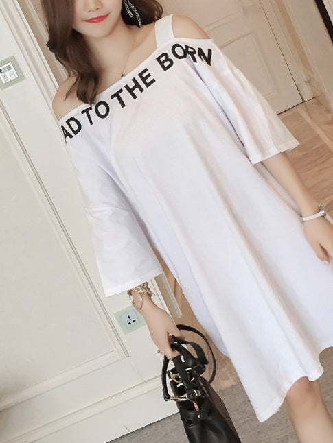 Ylva Plus Size Words Off Shoulder Short Sleeve T Shirt Dress (Yellow, White)