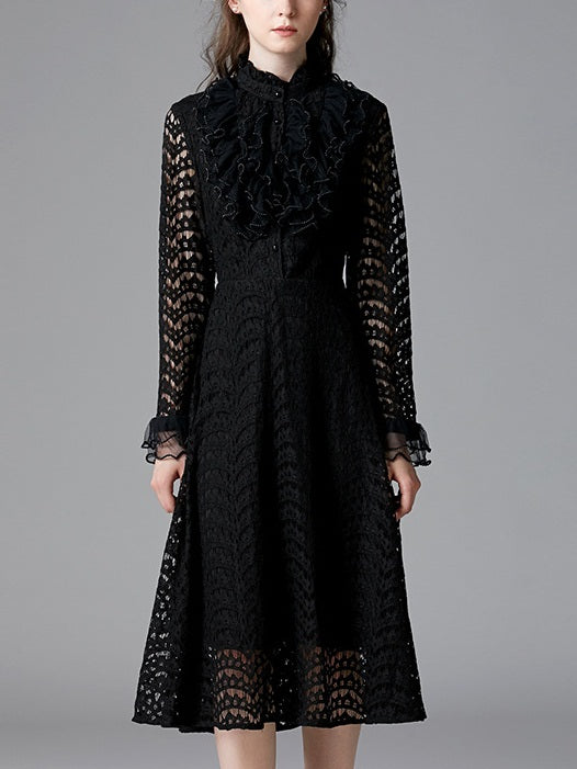 Shriya Black Frill Lace Collar Bell Sleeve L/S Midi Dress