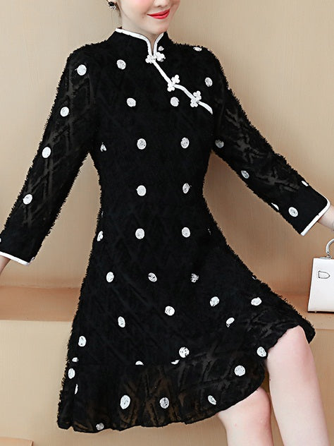 Tiffani Plus Size Cheongsam Qipao Textured Black Polka Dots Swing Mid Sleeve Dress